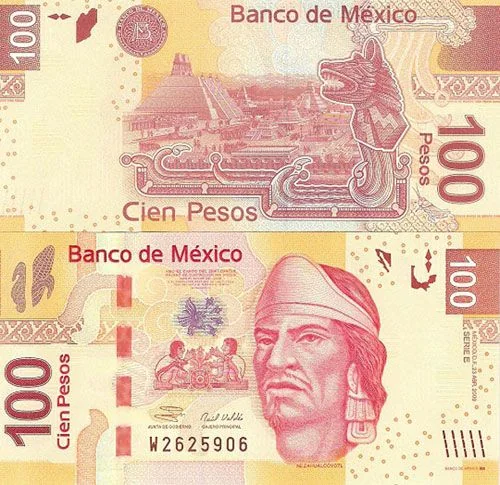 Front and reverse of the older Family F 100-peso banknote featuring Nezahualcóyotl