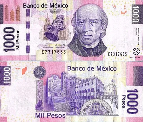 Front and reverse of the older Family F 1,000-peso banknote featuring Miguel Hidalgo