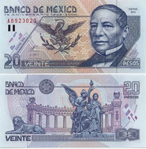 Front and reverse of an older Family D 20-peso banknote featuring Benito Juárez