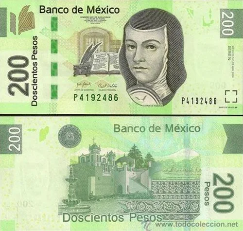 Front and reverse of the older Family F 200-peso banknote featuring Sor Juana Inés de la Cruz