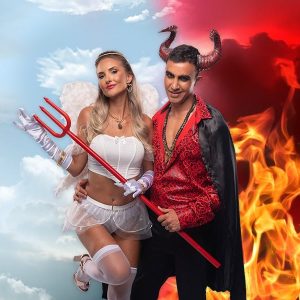 Desire Riviera Maya Theme Nights Couple with Desire Resort Angel and Devil Theme Night Outfits