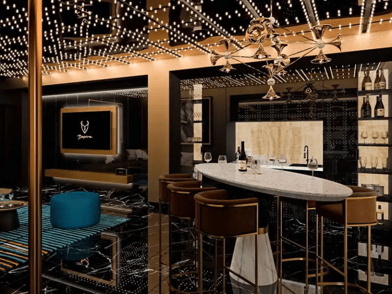 a room with a white table and a bar stool