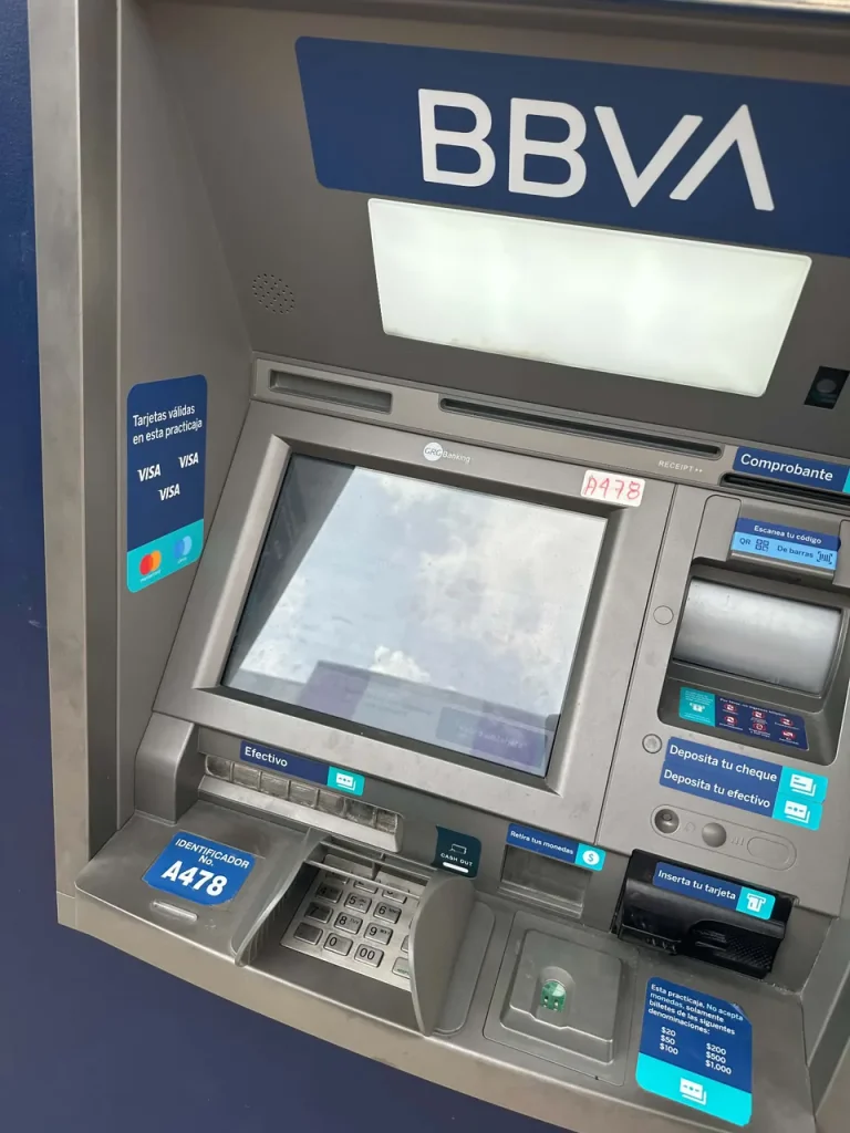 BBVA bank ATM in Cancun with card slot, cash dispenser and keypad