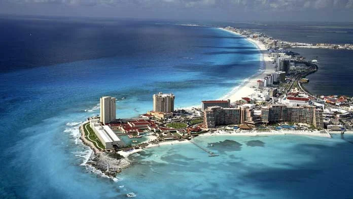 Aerial view of Cancun’s Hotel Zone and Caribbean coastline