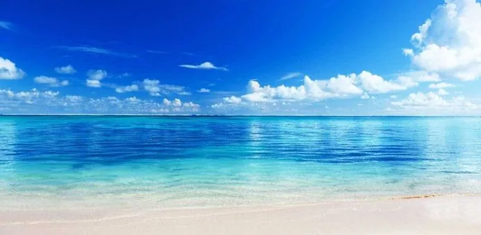 Aguas tranquilas de color turquesa que se encuentran con una playa de arena de Cancún.