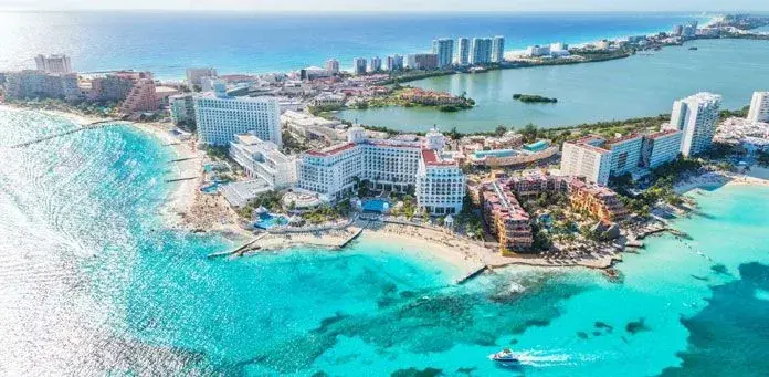Aerial view of Cancun resorts between the Caribbean Sea and lagoon