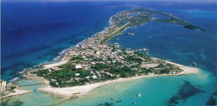 Aerial view of the northern end of Isla Mujeres and its beaches