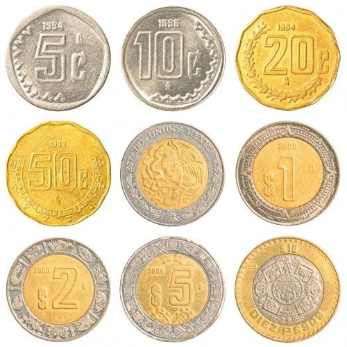 Older Mexican peso and centavo coins in several denominations