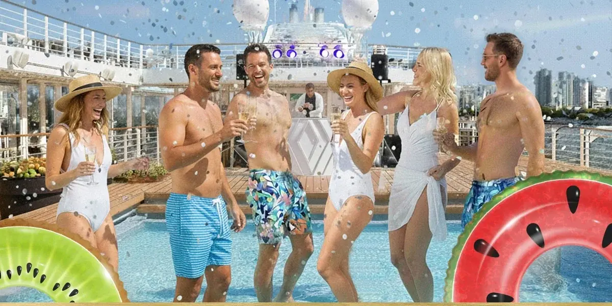 Couples enjoying pool-party atmosphere in official Desire Cruises imagery
