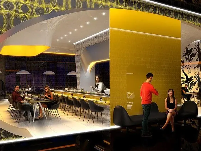 2017 design rendering of the Japanese restaurant exterior and bar