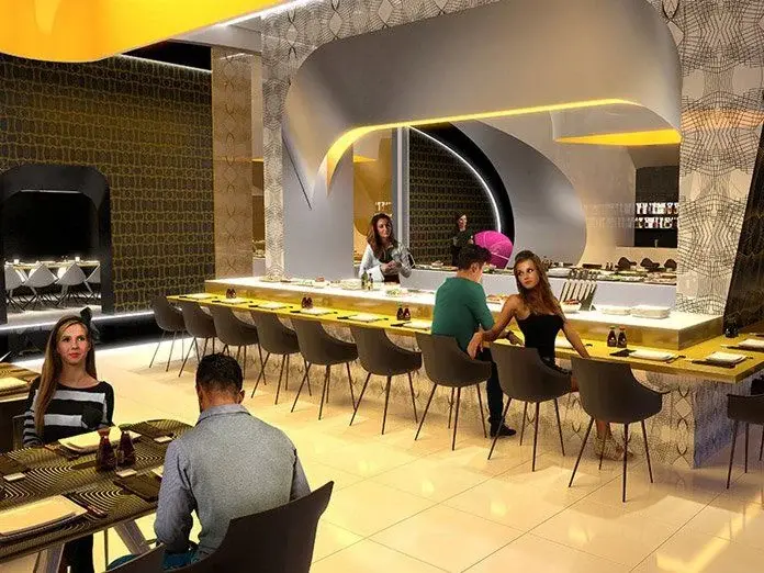 2017 design rendering of the Japanese restaurant bar and dining area
