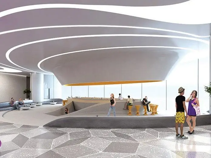 2017 design rendering of the lobby opening toward an ocean view