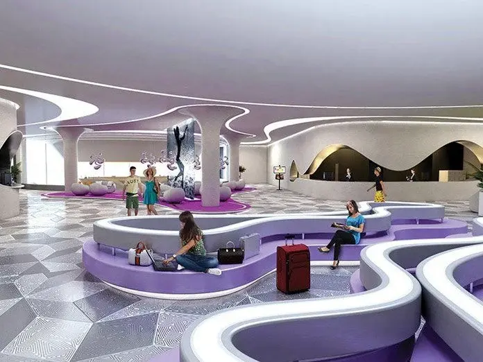 2017 design rendering of curved seating in the resort lobby
