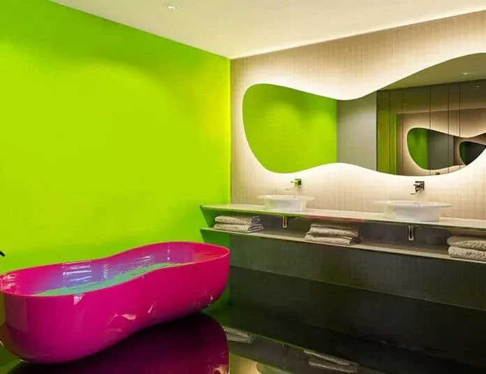 2017 design rendering of a penthouse bathroom with green and pink accents