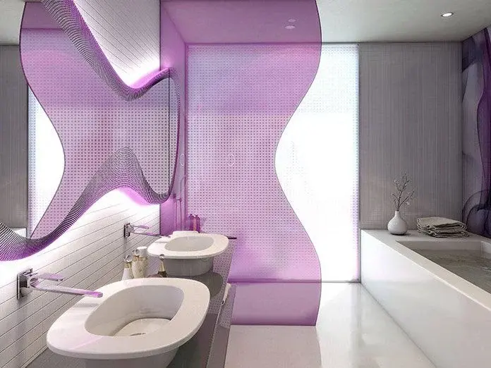 2017 design rendering of a pink and white resort bathroom