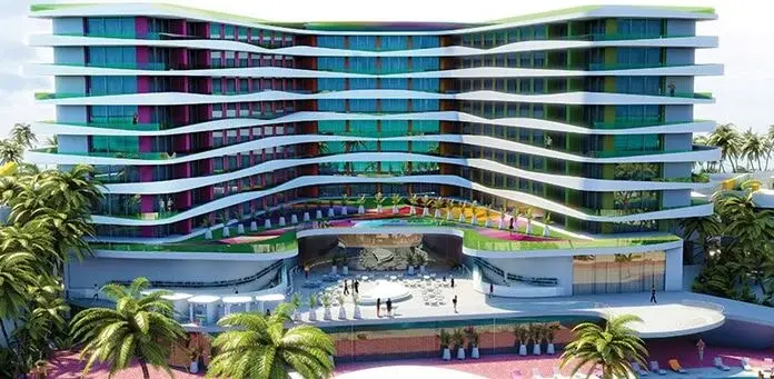 2017 architectural rendering of the resort exterior and main pool