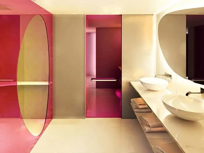 2017 design rendering of a Seduction suite bathroom with pink and cream finishes