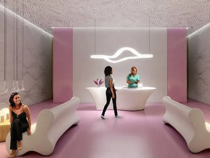 2017 design rendering of the pink spa reception area