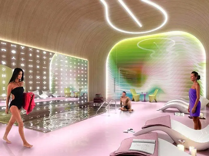 2017 design rendering of a spa treatment area with pink lighting