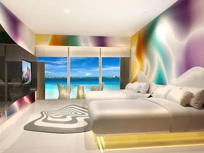 2017 design rendering of a Trendy Ocean View bedroom facing the sea