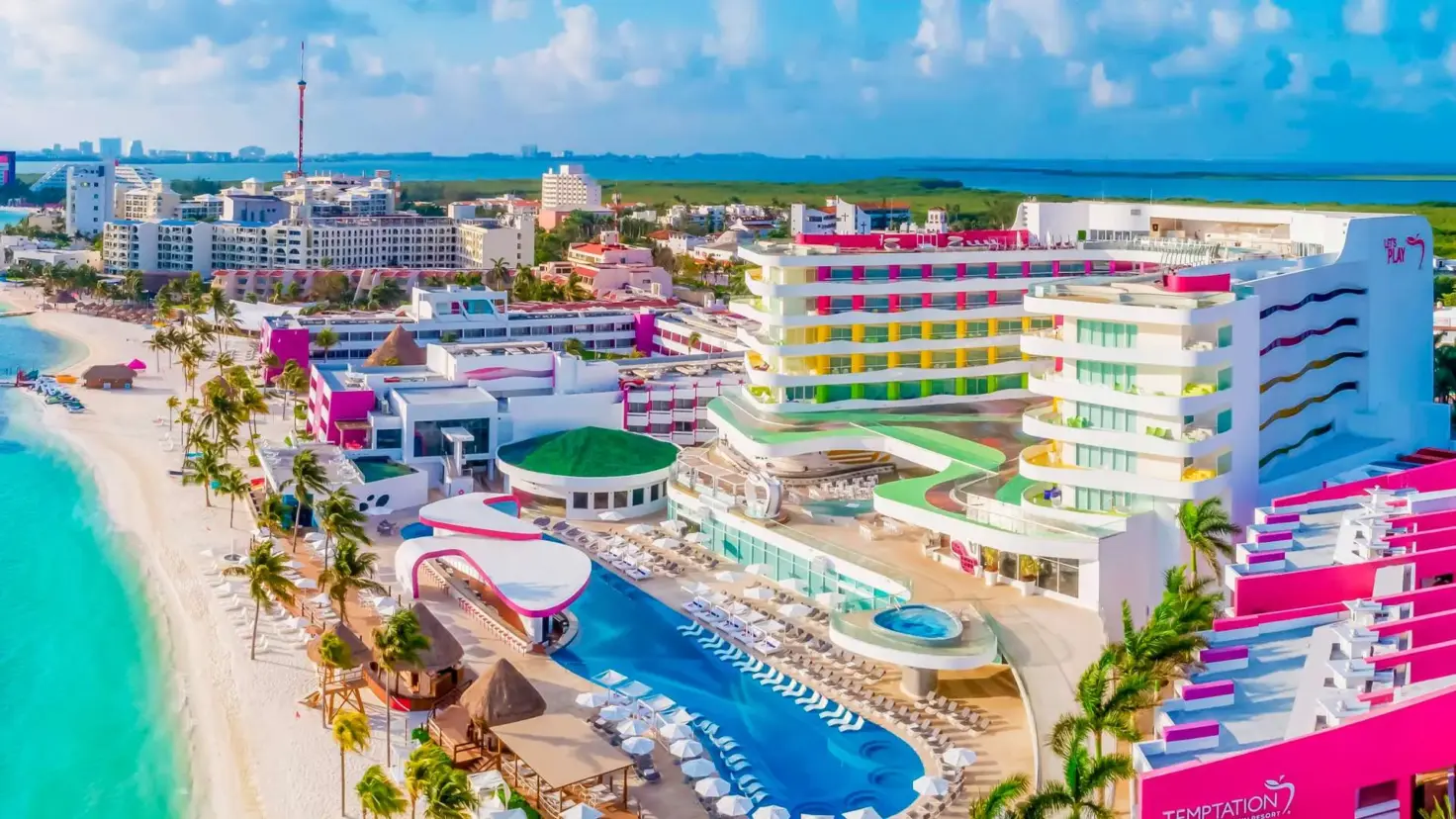 Aerial view of Temptation Cancun Resort beside the beach and Caribbean Sea