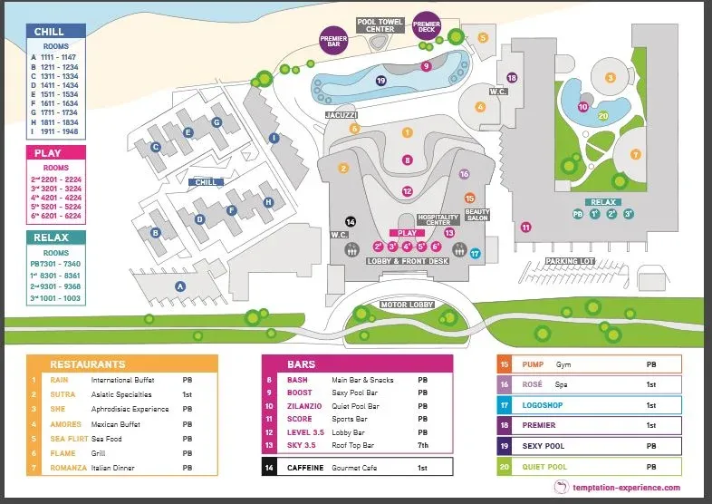 Temptation Cancun Resort map showing room-number ranges, Chill, Play and Relax areas, pools, restaurants and bars