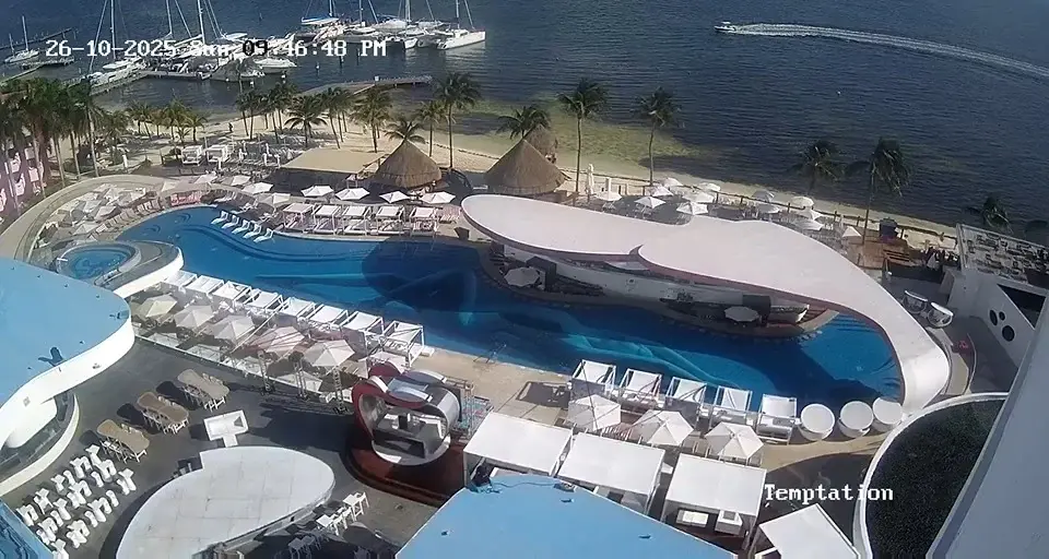 Historic Temptation webcam view from Bash Tower across Bash, the Sexy Pool, beach and Caribbean Sea
