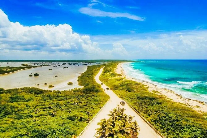 Aerial view of Punta Sur’s sandy coastline, turquoise sea and lagoon on Cozumel