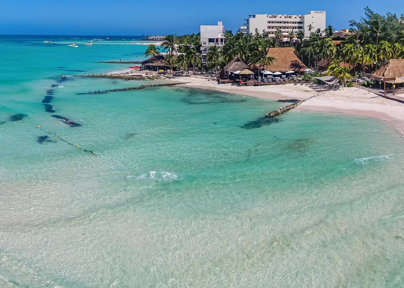 Shallow turquoise water and a sandy beach lined with palms on Isla Mujeres