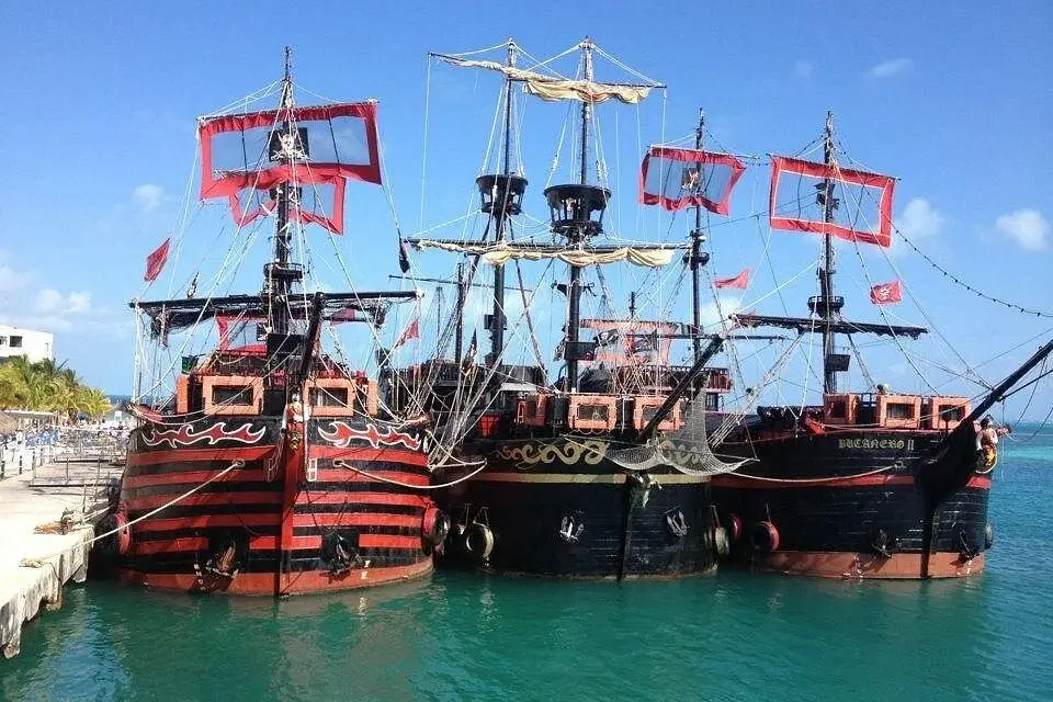 Captain Hook pirate galleons moored at the Cancun marina in daylight